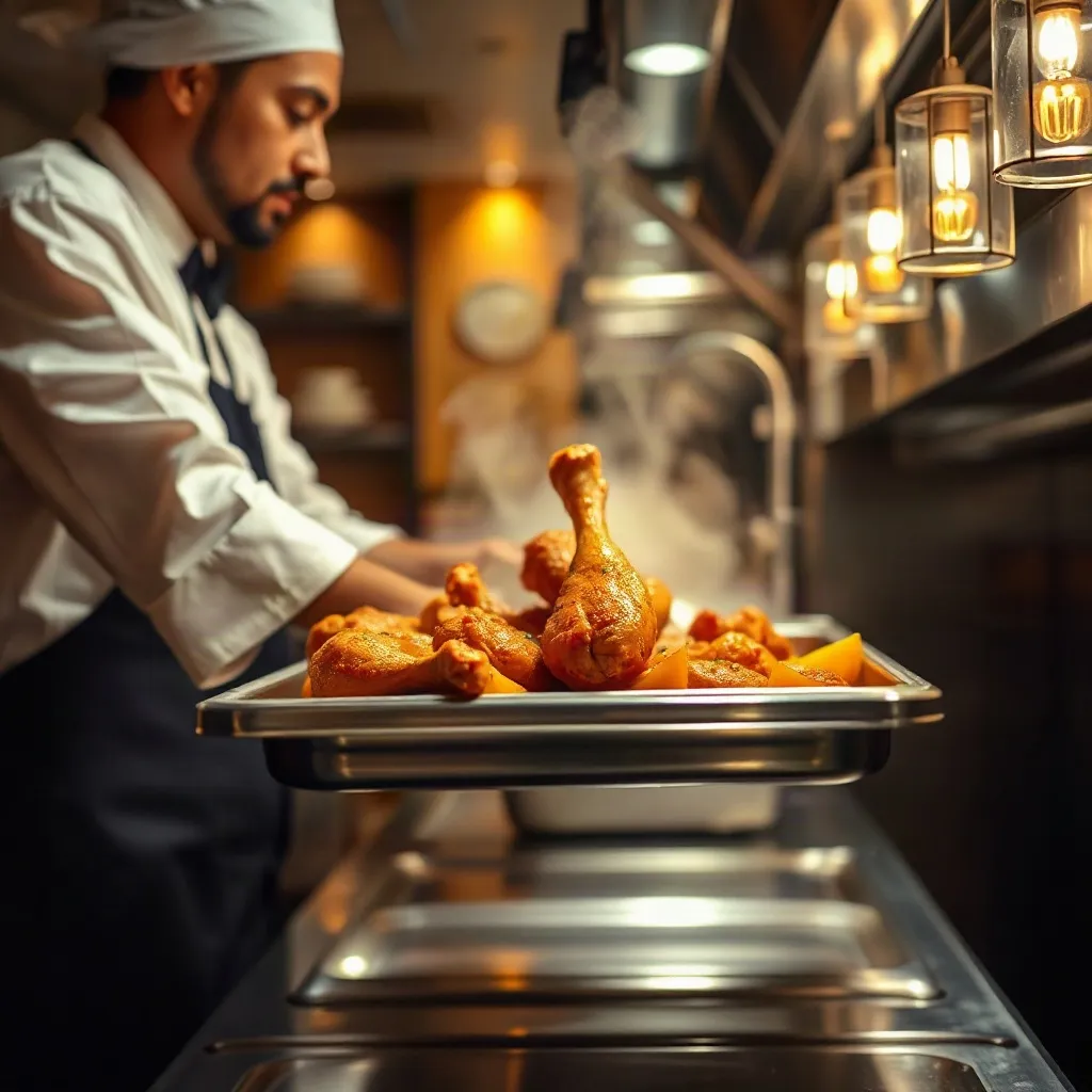 A cook carrying a fresh tray of fried chicken to the buffet line