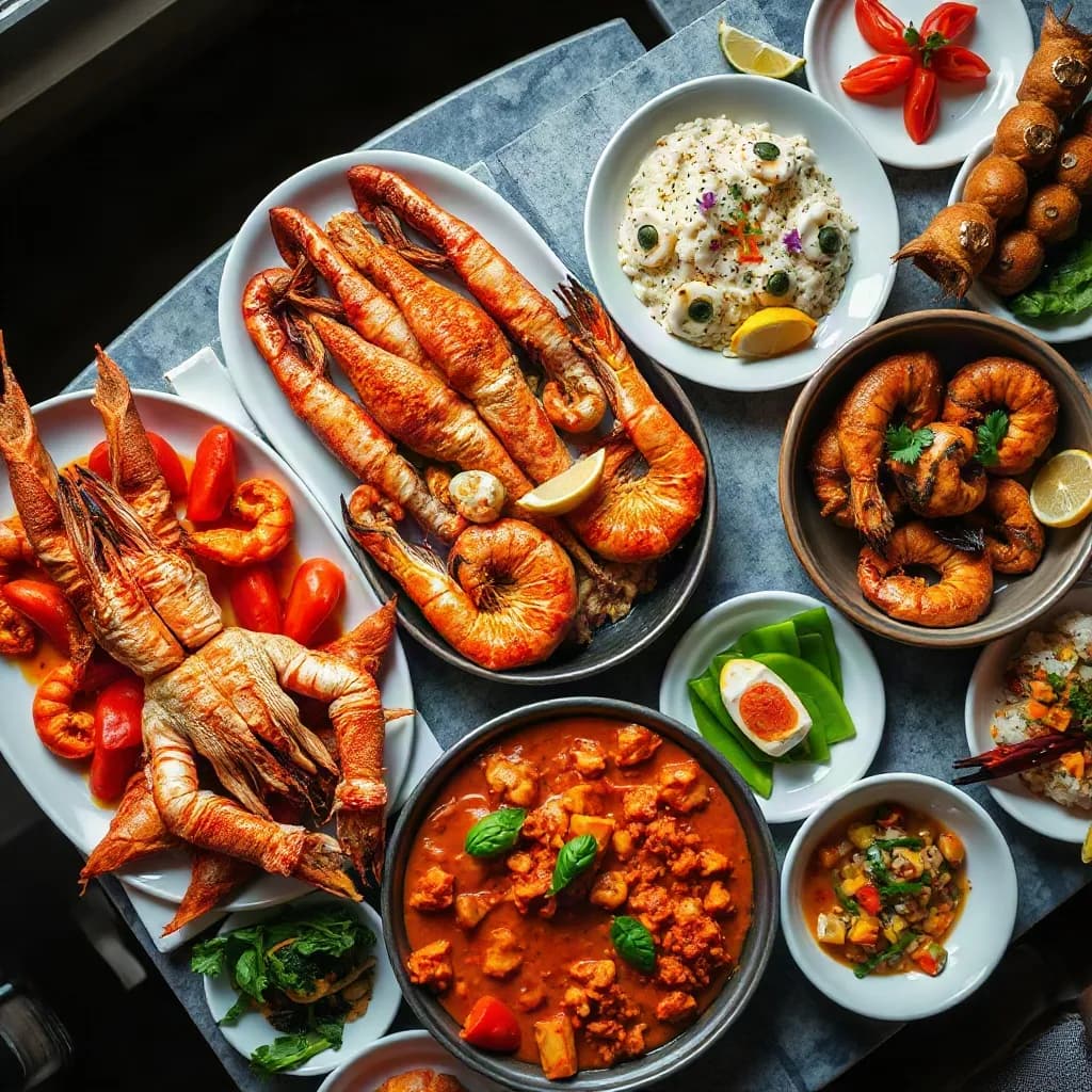 Platters of shrimp, prawns and seafood dishes on a table