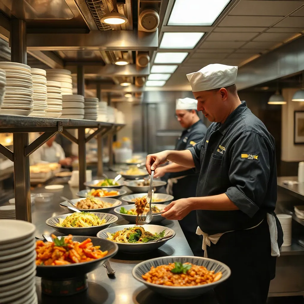 Cooks plating dishes along the kitchen line