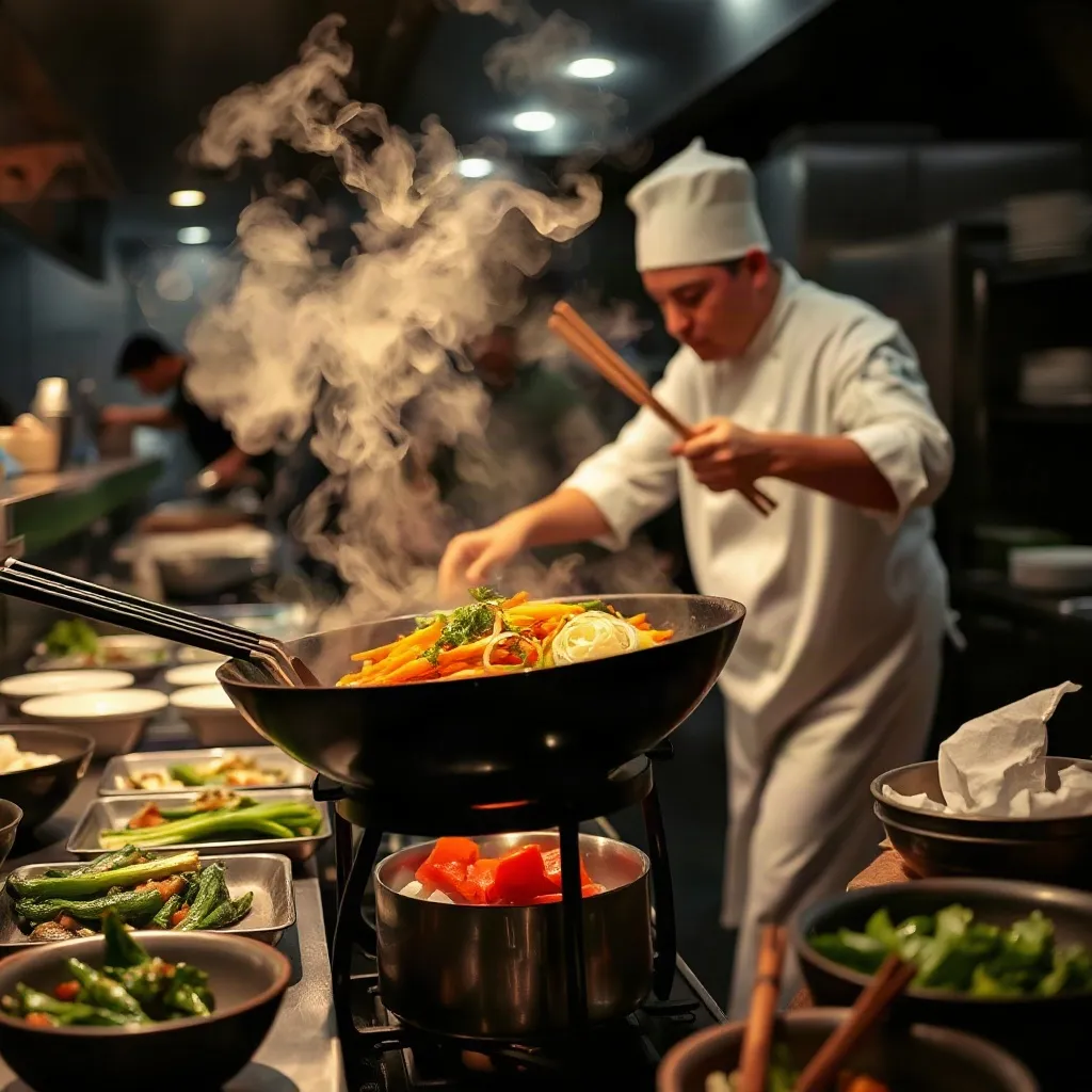 A chef tossing vegetables in a steaming wok