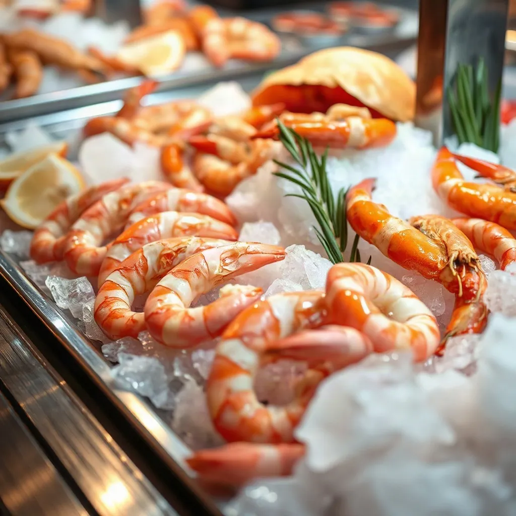 Shrimp and shellfish packed on crushed ice