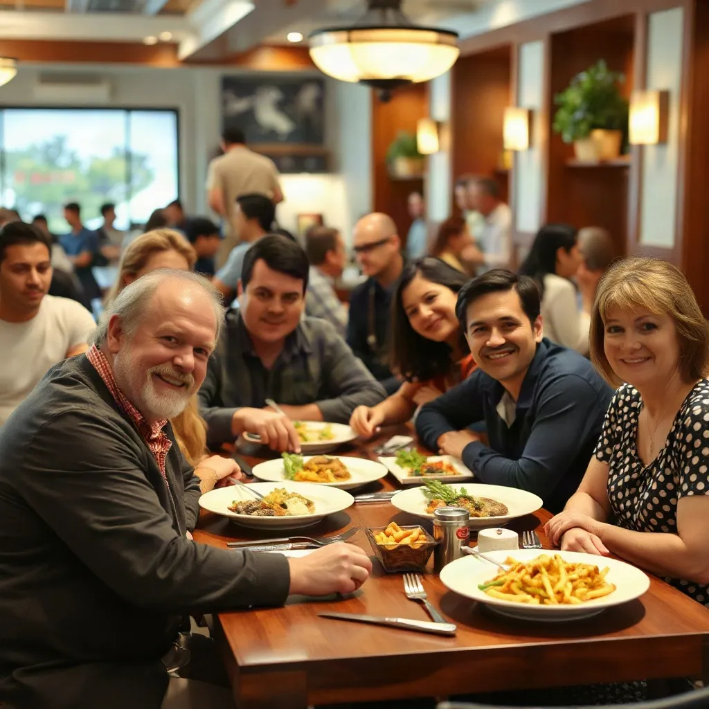 A large family sharing a meal at a long restaurant table