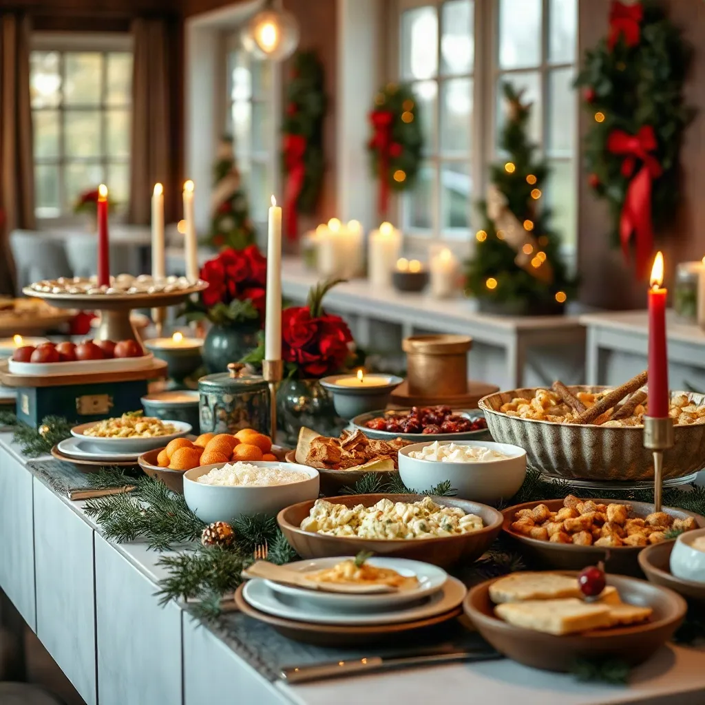 A holiday-decorated dining area with candles and wreaths